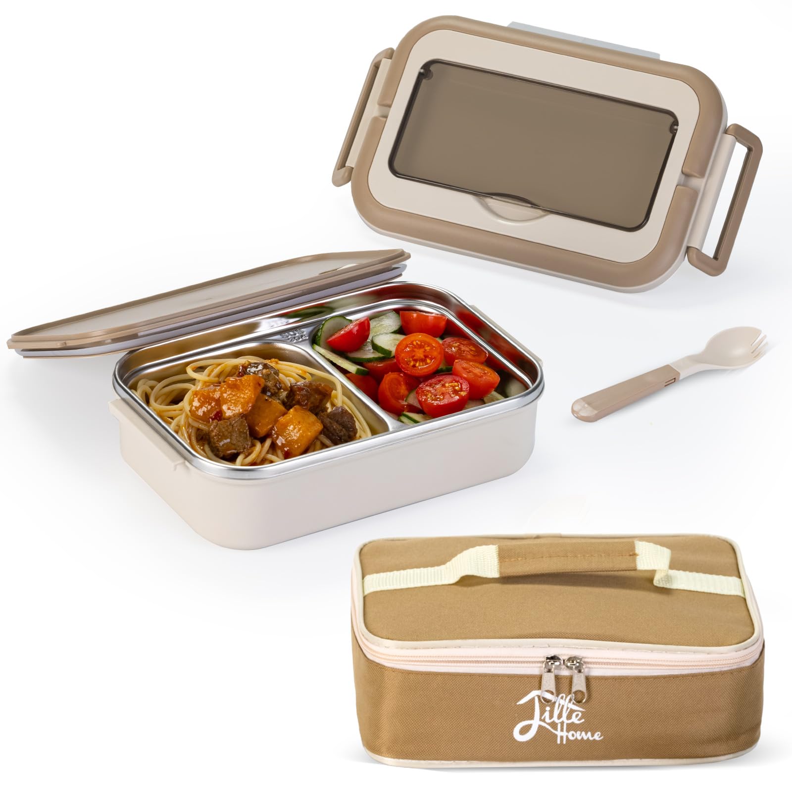 Lille Home Stainless Steel Bento Lunch Box – 2-Compartment Steel Lunch Box for Adults Leakproof Lunch Containers Includes Carry Handle Lunch Bag and Cutlery Set BPA Free