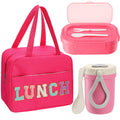 Dandat Preppy Lunch Box for Women Girl Preppy Lunch Bag Lunch Bento Box with Compartments and Soup Cup Large Insulated Lunch Bag for Girls Adults Teens School Travel Picnic(Rose Red)