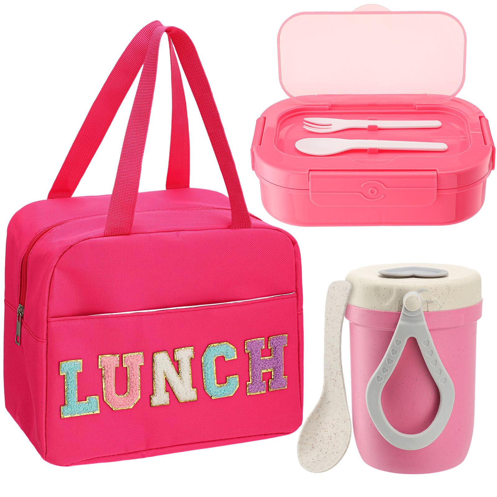 Dandat Preppy Lunch Box for Women Girl Preppy Lunch Bag Lunch Bento Box with Compartments and Soup Cup Large Insulated Lunch Bag for Girls Adults Teens School Travel Picnic(Rose Red)