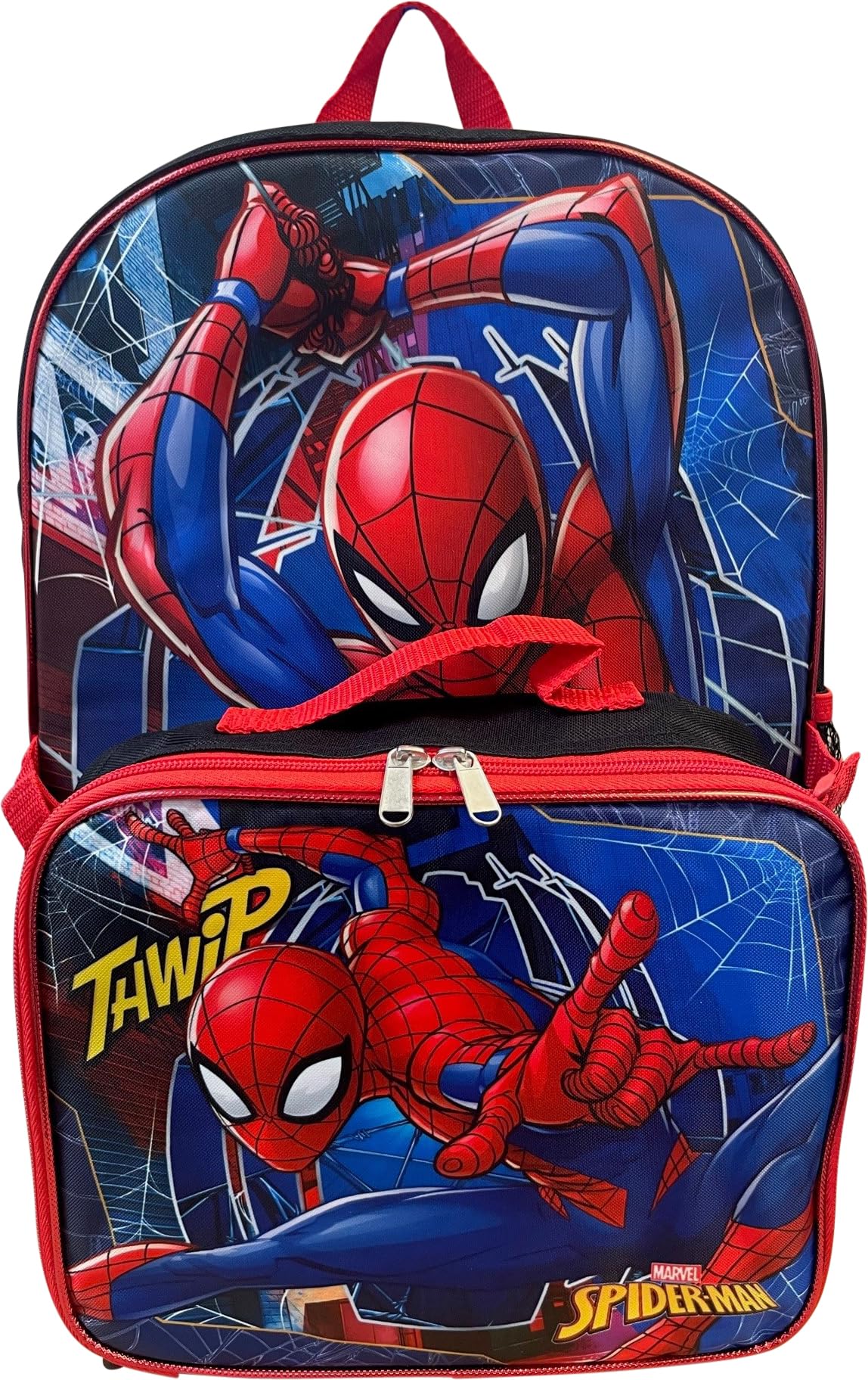 Ruz Spiderman Boys 16 Inch Backpack With Removable Matching Lunch Box Set (Black-Red)
